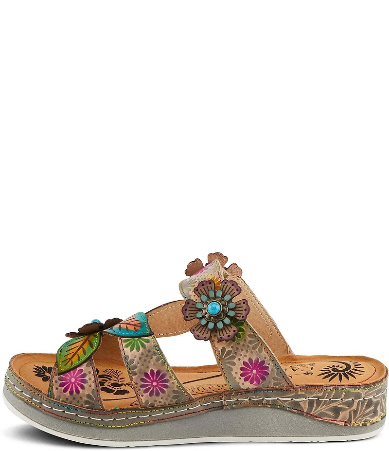 L'ARTISTE Pillow-Soft Leather Floral Embellished Platform Wedge Slides