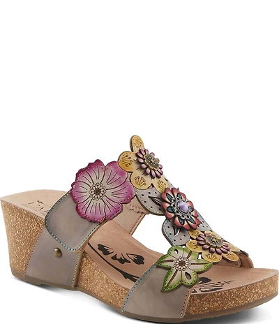 L'ARTISTE Prettypetals Leather with Flowers Wedge Slide Sandals