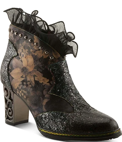 L'ARTISTE Razzy Floral Print Leather Studded Ruffled Collar Shooties