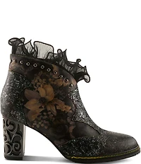 L'ARTISTE Razzy Floral Print Leather Studded Ruffled Collar Shooties