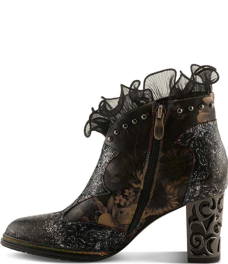 L'ARTISTE Razzy Floral Print Leather Studded Ruffled Collar Shooties