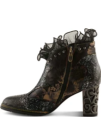 L'ARTISTE Razzy Floral Print Leather Studded Ruffled Collar Shooties