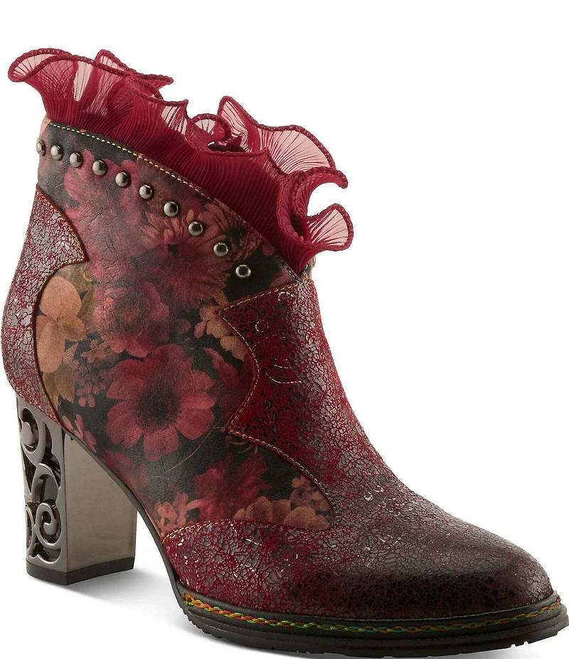 L'ARTISTE Razzy Floral Print Leather Studded Ruffled Collar Shooties