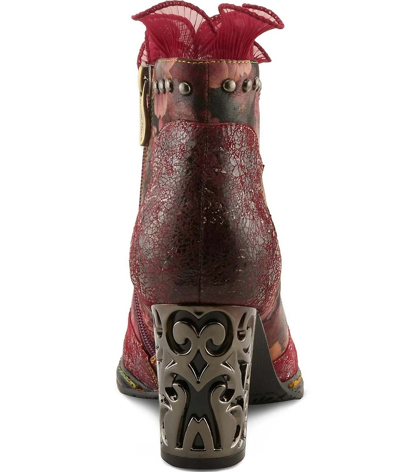 L'ARTISTE Razzy Floral Print Leather Studded Ruffled Collar Shooties
