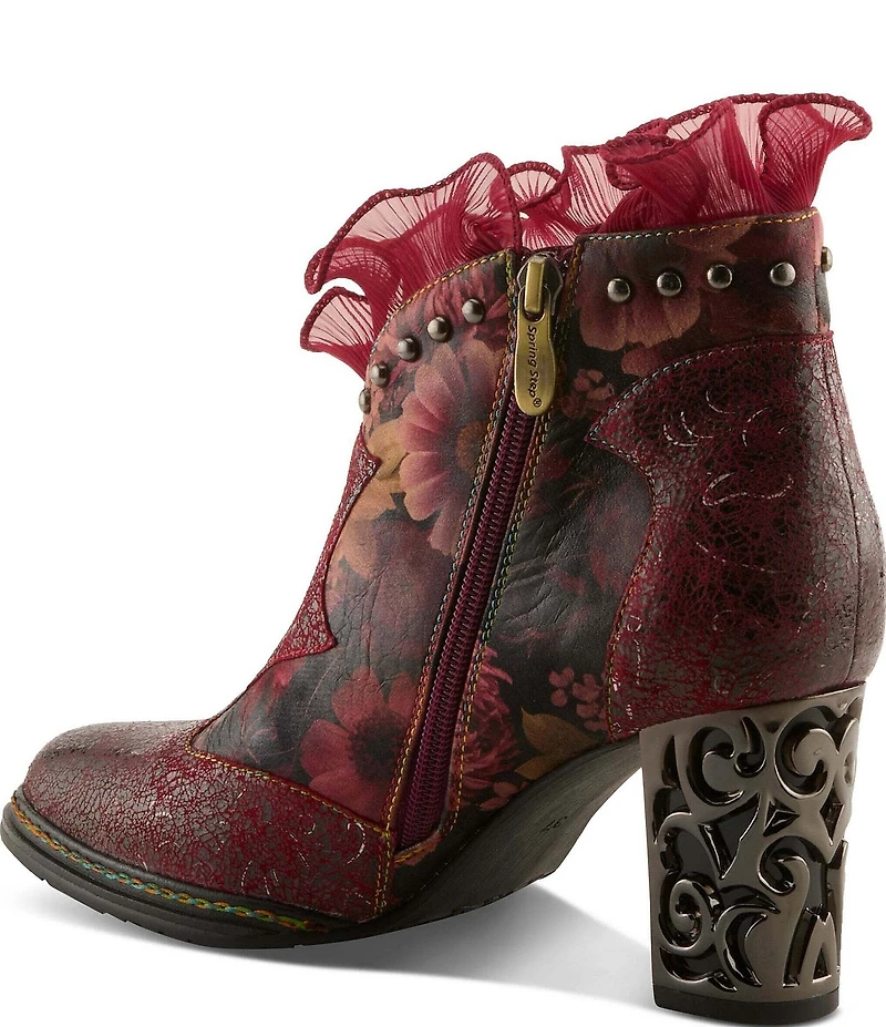 L'ARTISTE Razzy Floral Print Leather Studded Ruffled Collar Shooties