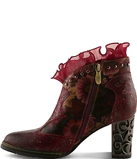 L'ARTISTE Razzy Floral Print Leather Studded Ruffled Collar Shooties