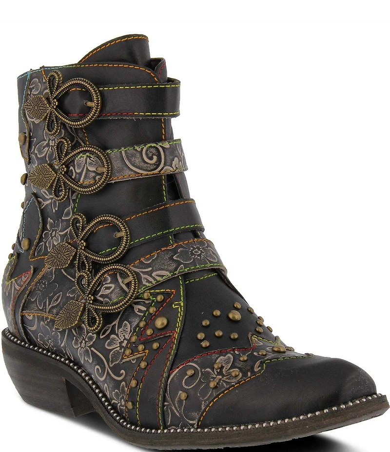 L'ARTISTE Rodeha Floral Hand Painted Leather Studded Buckle Hardware Booties