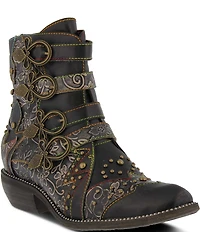 L'ARTISTE Rodeha Floral Hand Painted Leather Studded Buckle Hardware Booties