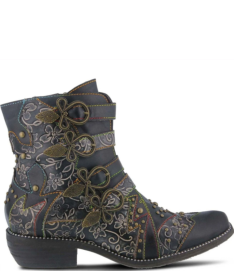 L'ARTISTE Rodeha Floral Hand Painted Leather Studded Buckle Hardware Booties