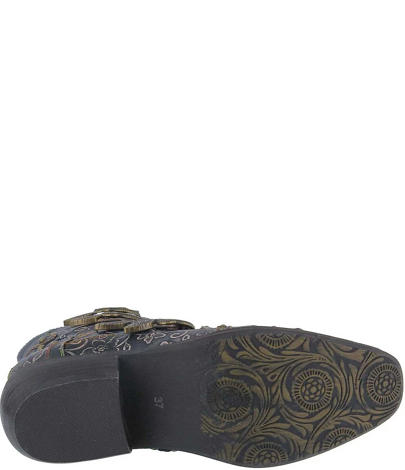 L'ARTISTE Rodeha Floral Hand Painted Leather Studded Buckle Hardware Booties