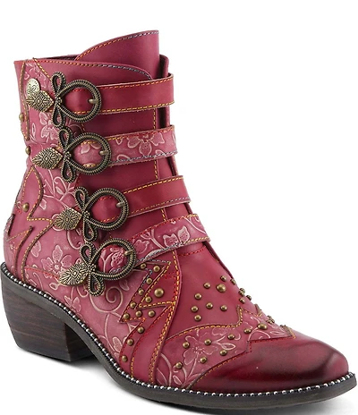 L'ARTISTE Rodeha Floral Hand Painted Leather Studded Buckle Hardware Booties
