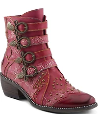 L'ARTISTE Rodeha Floral Hand Painted Leather Studded Buckle Hardware Booties