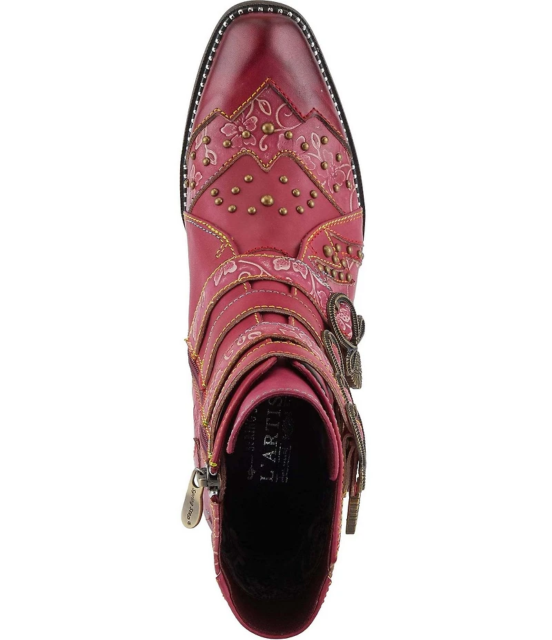 L'ARTISTE Rodeha Floral Hand Painted Leather Studded Buckle Hardware Booties