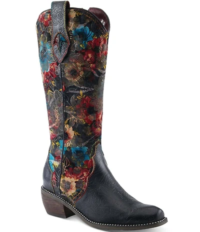 L'ARTISTE Rodeoqueen Leather Floral Print Velvet Studded Tall Western Boots
