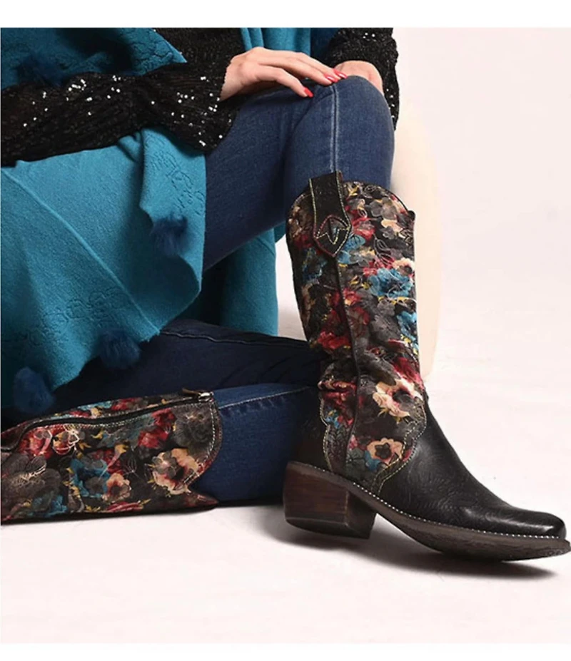 L'ARTISTE Rodeoqueen Leather Floral Print Velvet Studded Tall Western Boots
