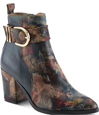 L'ARTISTE Rosa Floral Print Combo Leather Block Heel Booties
