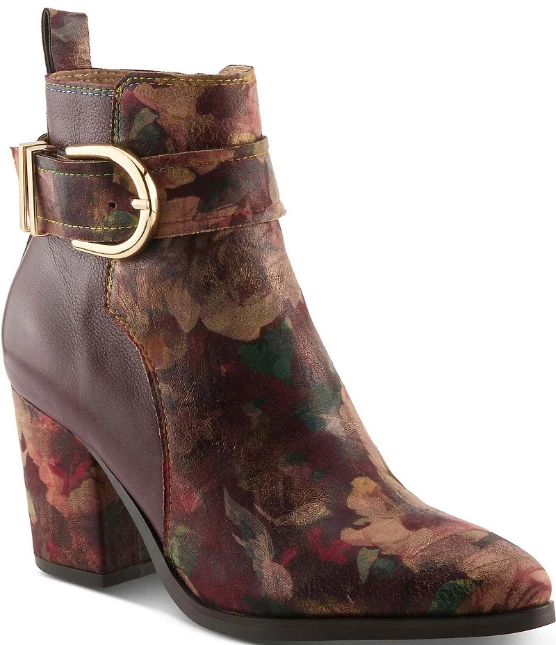 L'ARTISTE Rosa Floral Print Combo Leather Block Heel Booties