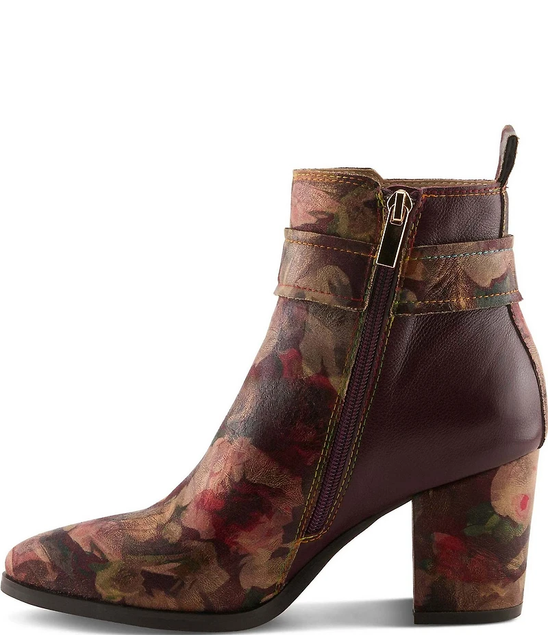 L'ARTISTE Rosa Floral Print Combo Leather Block Heel Booties