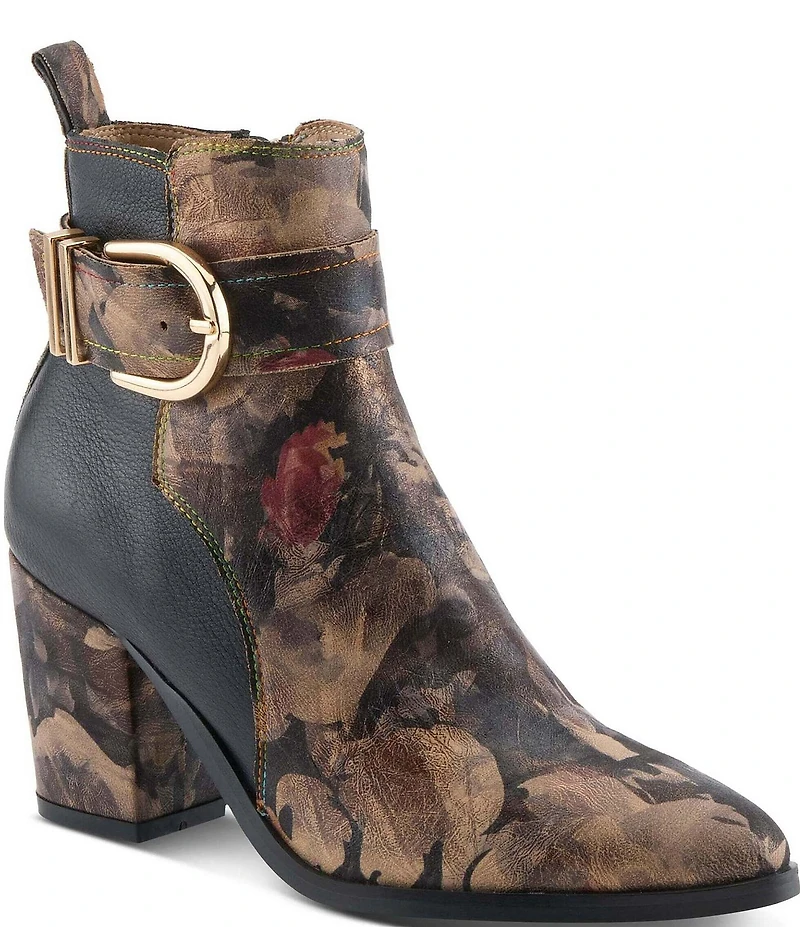 L'ARTISTE Rosa Floral Print Combo Leather Block Heel Booties