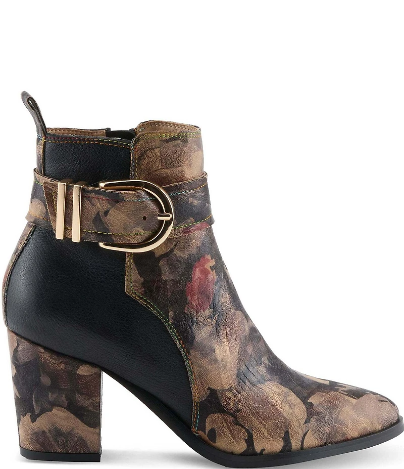 L'ARTISTE Rosa Floral Print Combo Leather Block Heel Booties