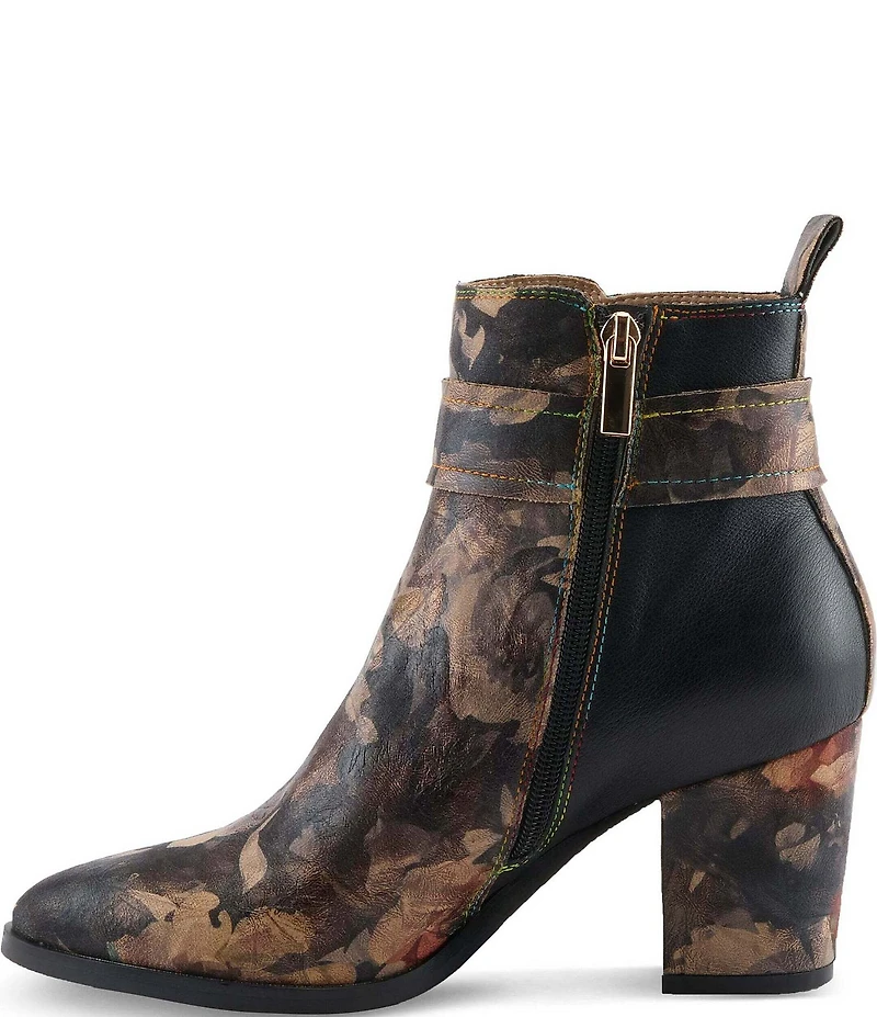 L'ARTISTE Rosa Floral Print Combo Leather Block Heel Booties