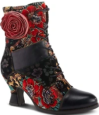 L'ARTISTE Roselia Leather Floral Print Lace Up Boots