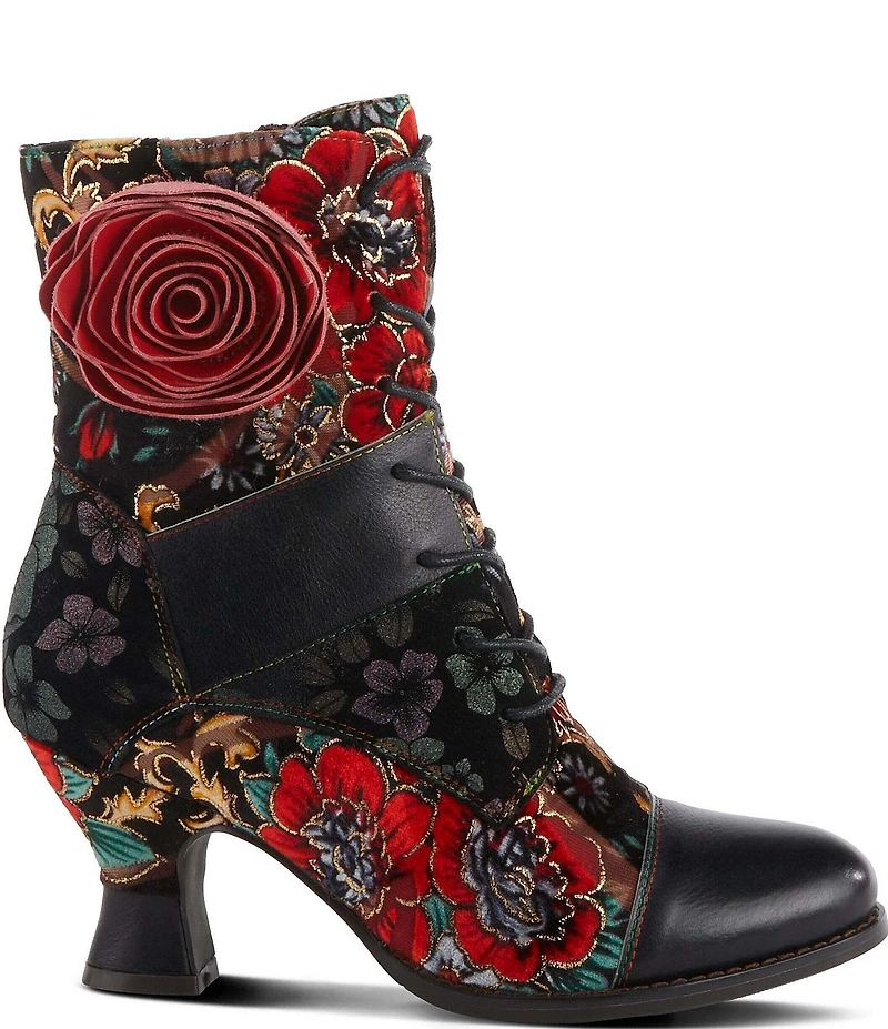 L'ARTISTE Roselia Leather Floral Print Lace Up Boots