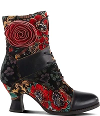 L'ARTISTE Roselia Leather Floral Print Lace Up Boots