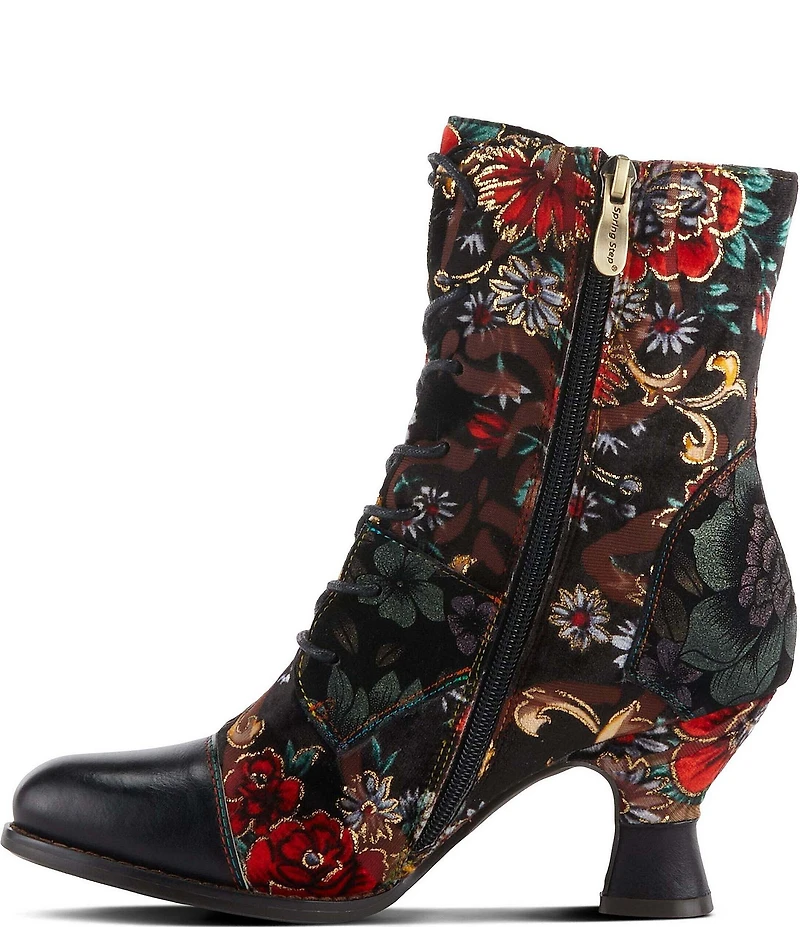 L'ARTISTE Roselia Leather Floral Print Lace Up Boots