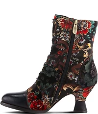 L'ARTISTE Roselia Leather Floral Print Lace Up Boots
