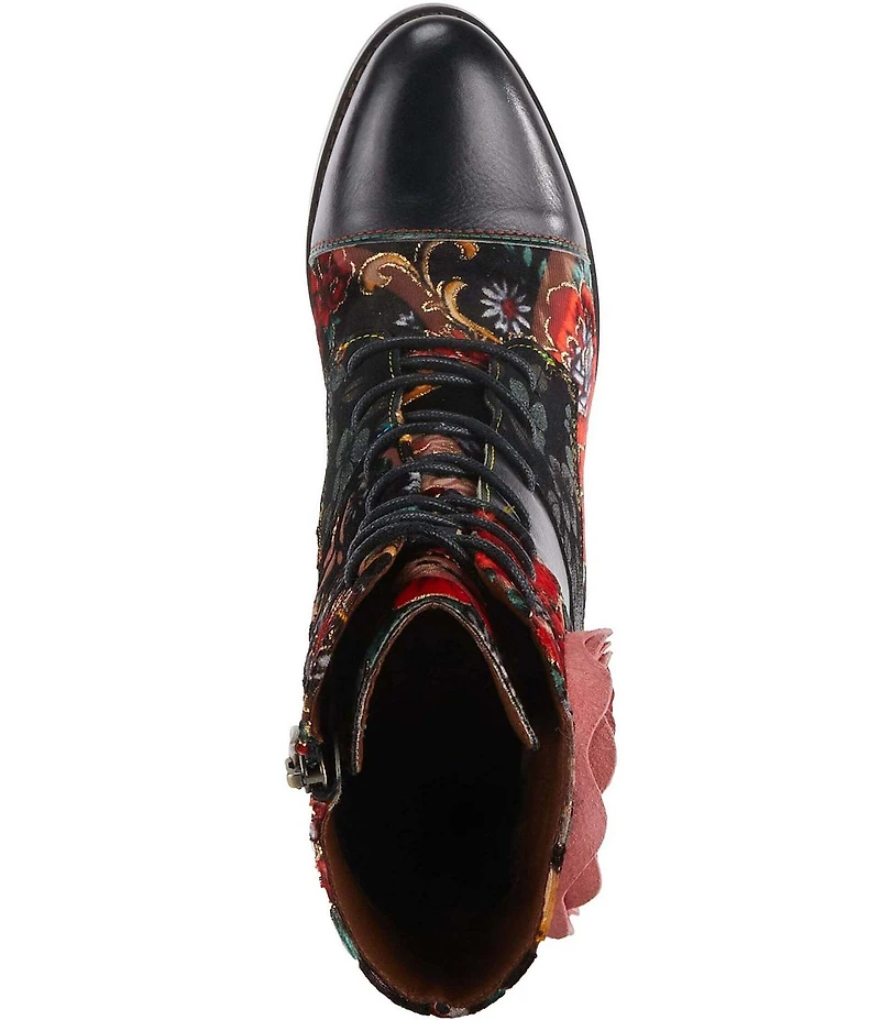 L'ARTISTE Roselia Leather Floral Print Lace Up Boots