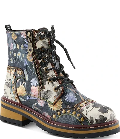 L'ARTISTE Rugup Studded Floral Leather Combat Boots