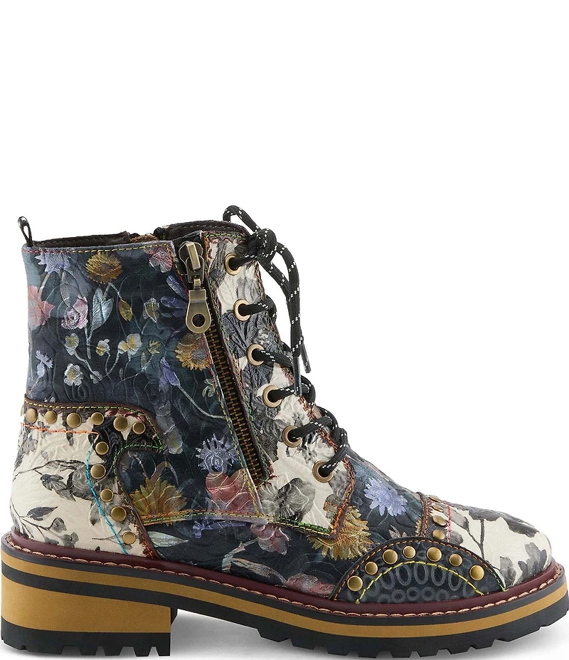 L'ARTISTE Rugup Studded Floral Leather Combat Boots