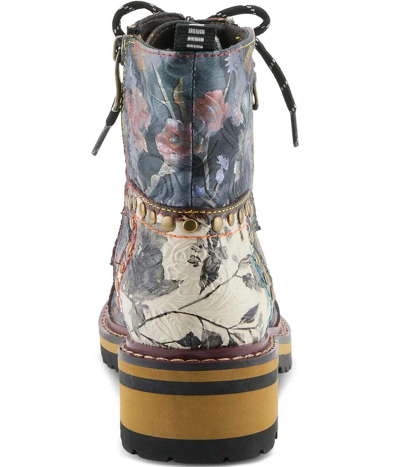 L'ARTISTE Rugup Studded Floral Leather Combat Boots