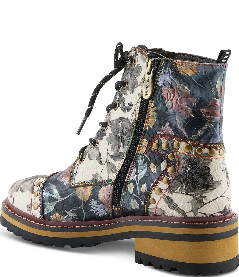 L'ARTISTE Rugup Studded Floral Leather Combat Boots