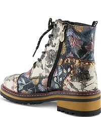 L'ARTISTE Rugup Studded Floral Leather Combat Boots