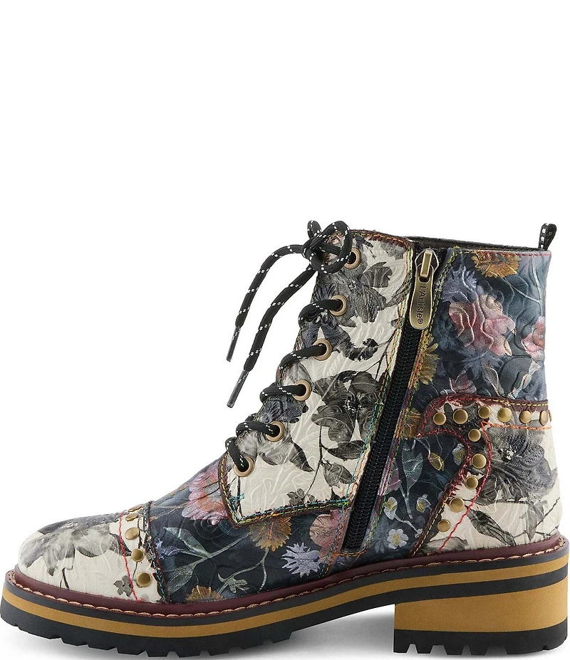 L'ARTISTE Rugup Studded Floral Leather Combat Boots