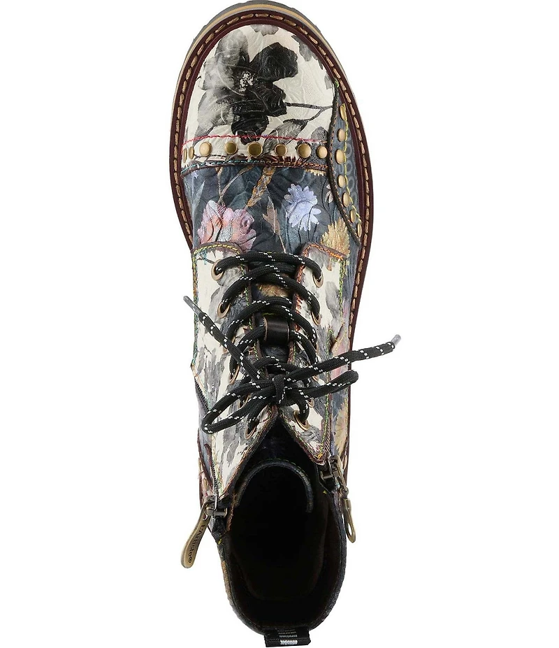 L'ARTISTE Rugup Studded Floral Leather Combat Boots