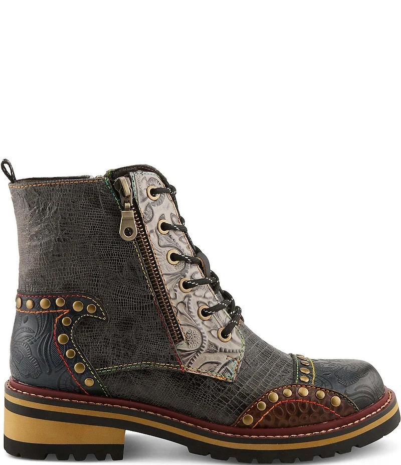 L'ARTISTE Rugup Leather and Textile Studded Faux Fur Lined Booties