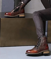 L'ARTISTE Rugup Leather and Textile Studded Faux Fur Lined Booties