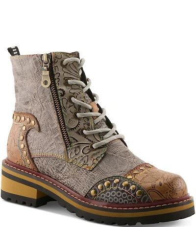 L'ARTISTE Rugup Leather and Textile Studded Faux Fur Lined Booties