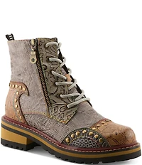 L'ARTISTE Rugup Leather and Textile Studded Faux Fur Lined Booties