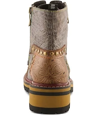 L'ARTISTE Rugup Leather and Textile Studded Faux Fur Lined Booties