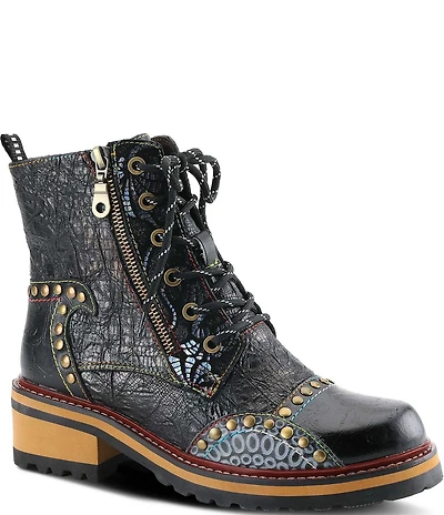 L'ARTISTE Rugup Leather and Textile Studded Faux Fur Lined Booties