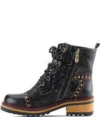 L'ARTISTE Rugup Leather and Textile Studded Faux Fur Lined Booties