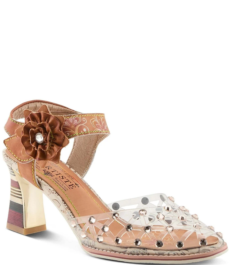 L'ARTISTE Sassylady Clear Vinyl Leather Flower Ankle Strap Pumps