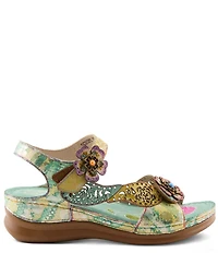 L'ARTISTE Script Floral Embossed Leather Wedge Sandals