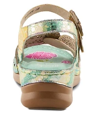 L'ARTISTE Script Floral Embossed Leather Wedge Sandals
