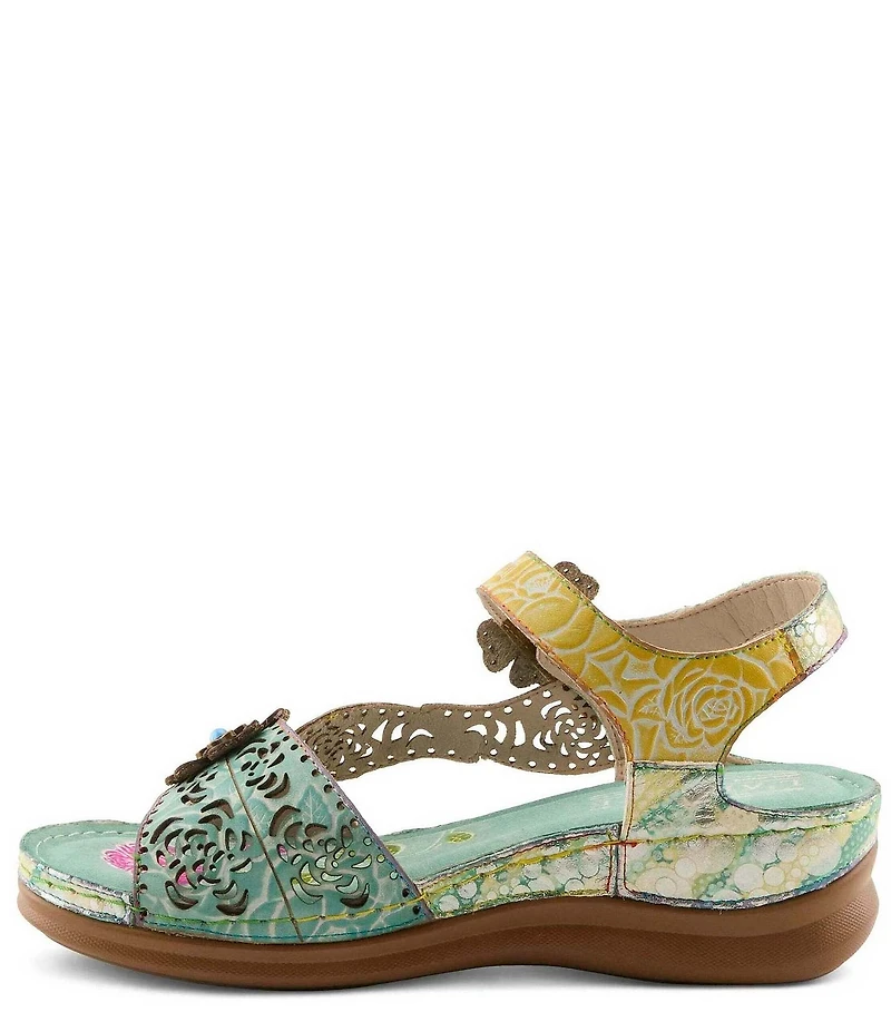 L'ARTISTE Script Floral Embossed Leather Wedge Sandals