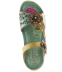 L'ARTISTE Script Floral Embossed Leather Wedge Sandals